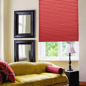 rotes-Plissee-hinter-dem-grünen-Sofa-und-neben-zwei-schwarz-gerahmten-Spiegeln